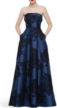 Alfred Sung Sara Floral Lace Strapless Satin Gown