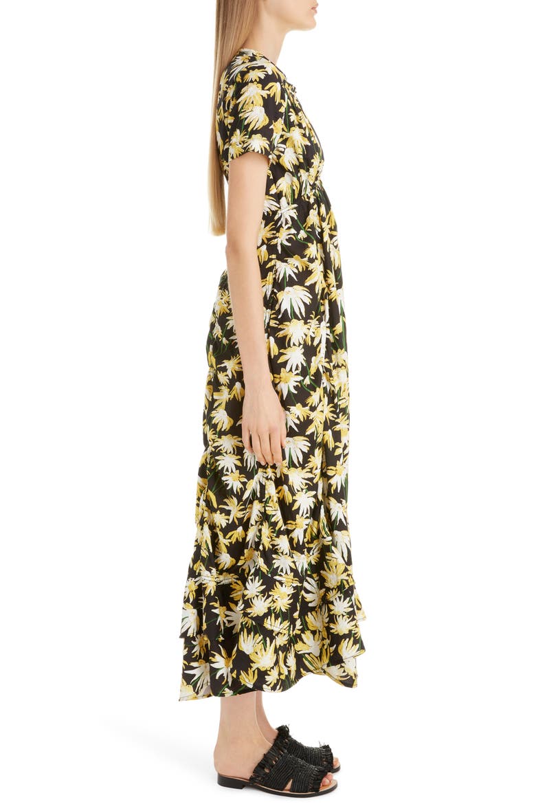 Daisy Print Gathered Cotton Midi Dress, Alternate, color, BLACK/ YELLOW