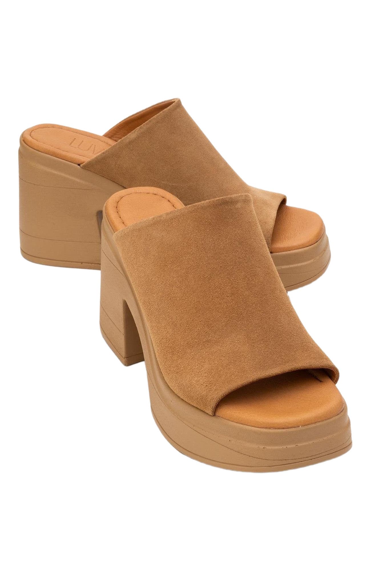 Forever & Always Shoes Nola Leather Platform Mules, Alternate, color, Cognac Brown Suede Leather