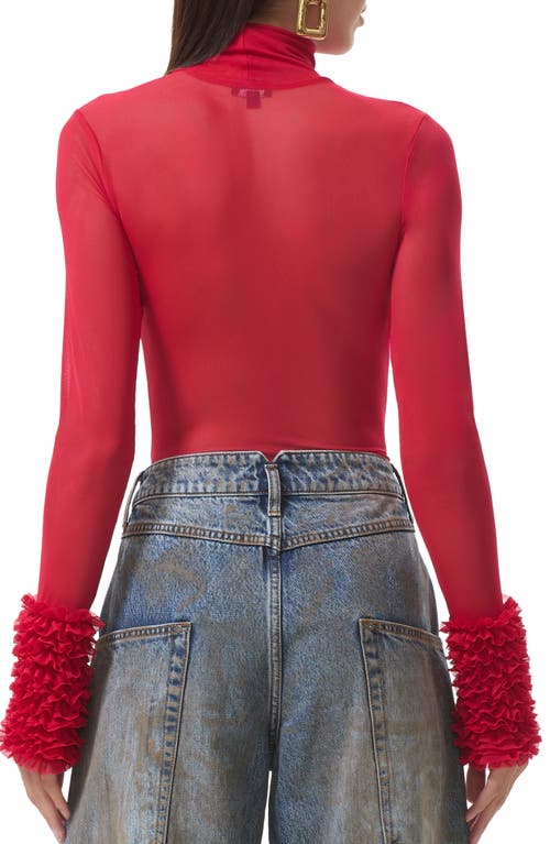 Afrm Helena Ruffle Trim Long Sleeve Mesh Shirt In Red