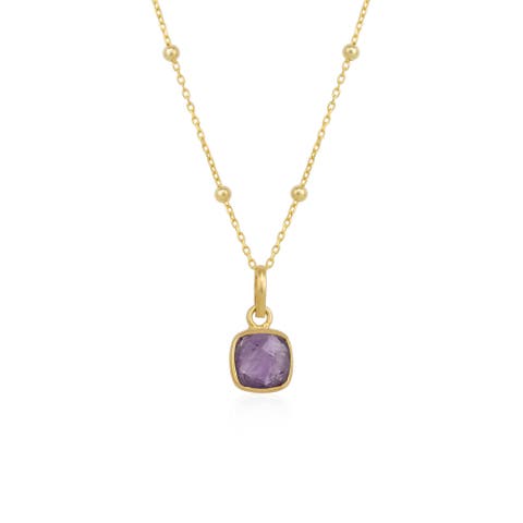 Amethyst Natural Square Pendant Necklace With Beaded Chain in Sterling Silver