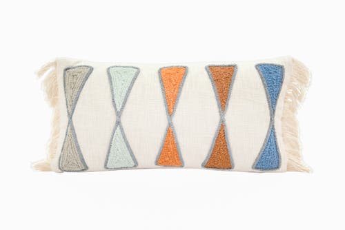 Storied Home Cotton Lumbar Pillow With Embroidery And Fringe, Blue Multicolor In Neutral