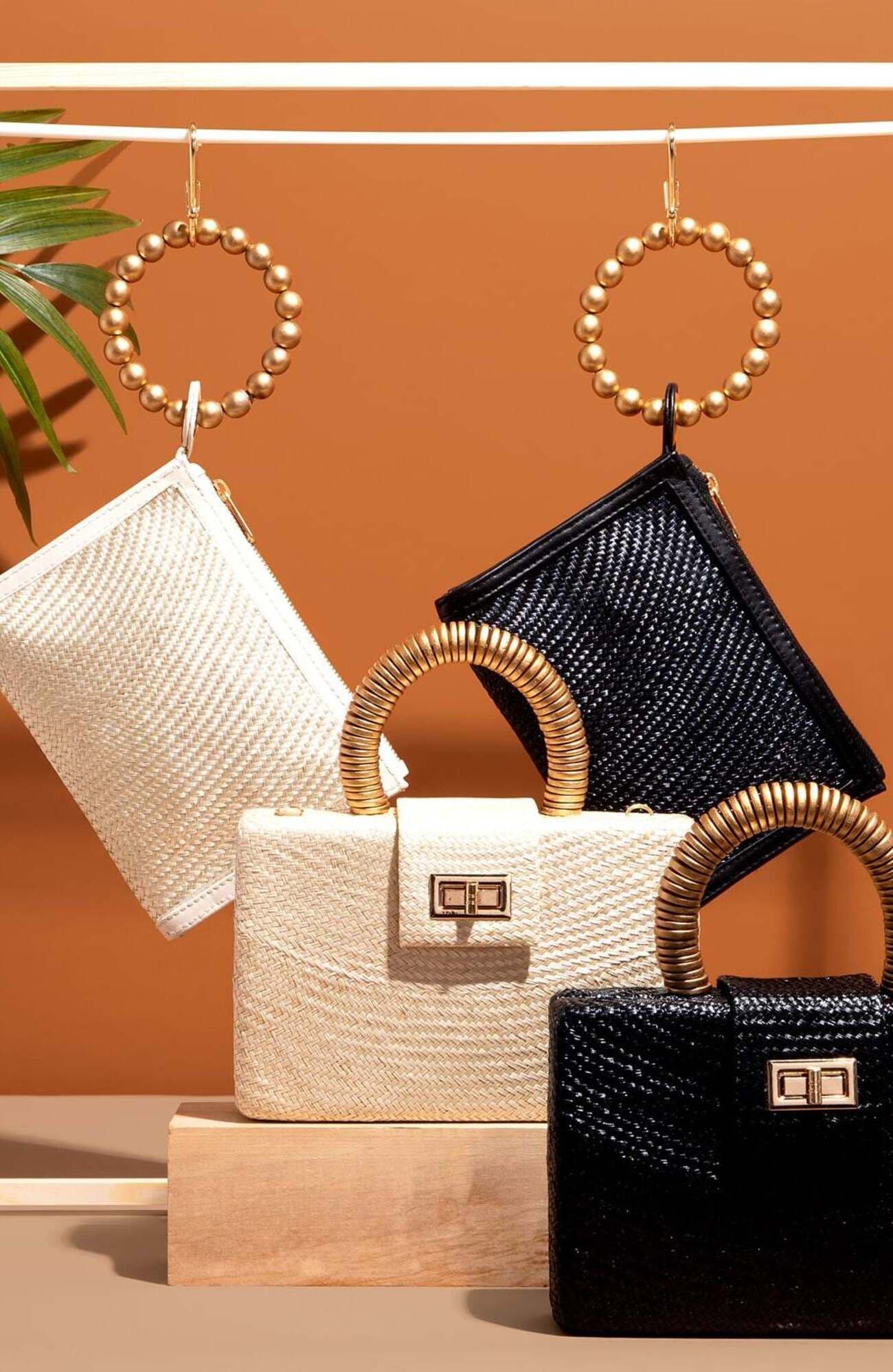 Soli & Sun THE GRACIE Woven Buntal Straw Clutch Bag, Alternate, color, Black & Gold