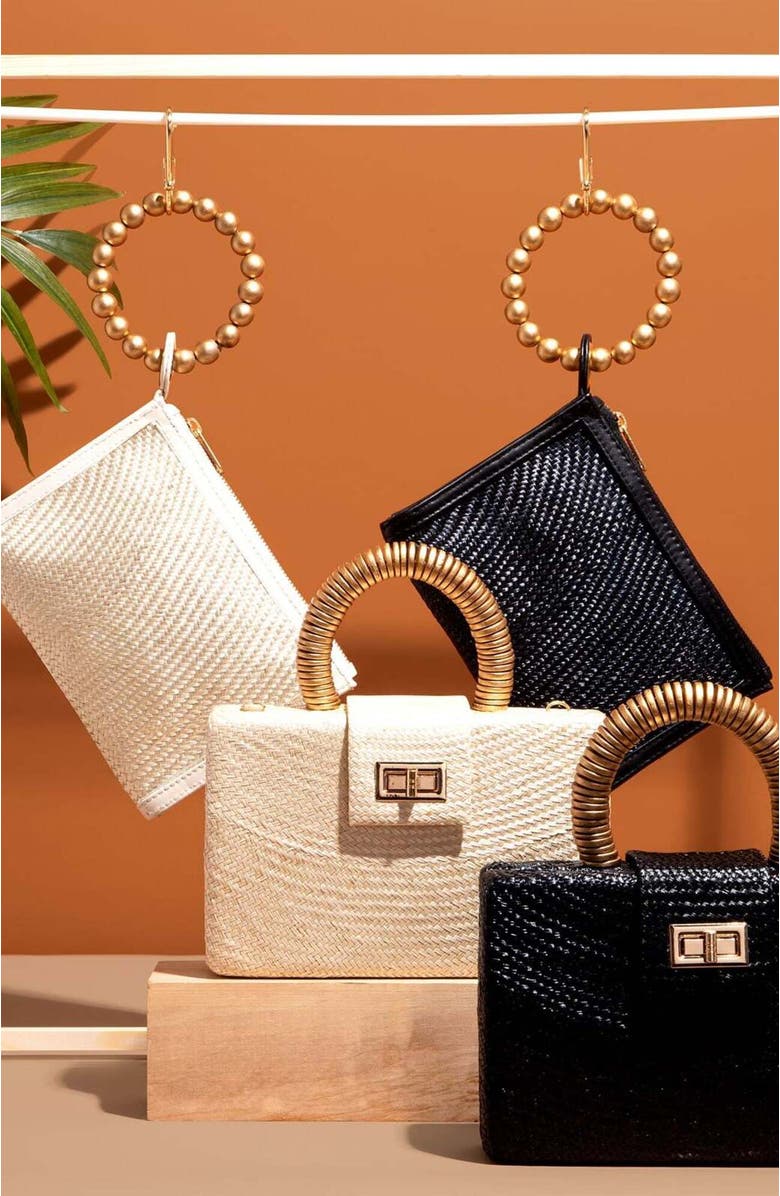 Soli & Sun THE GRACIE Woven Buntal Straw Clutch Bag, Alternate, color, Black & Gold