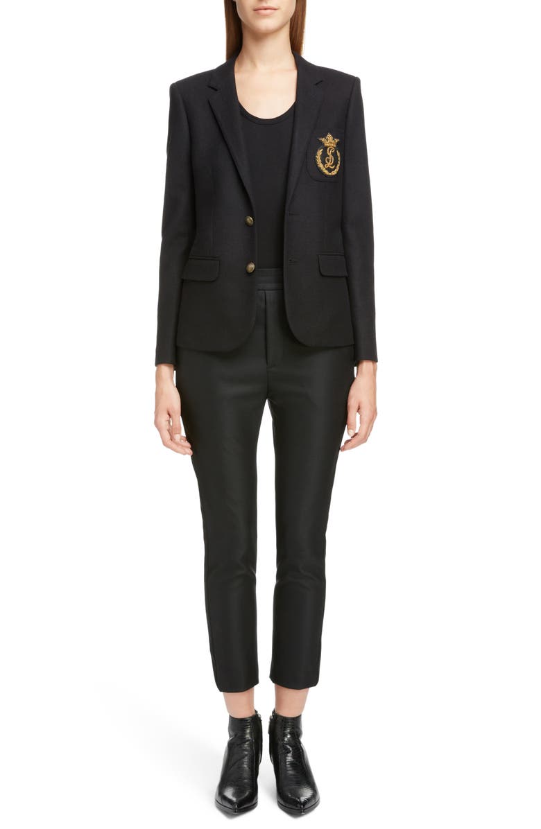 Saint Laurent Crown Logo Patch Wool Blazer, Alternate, color, 