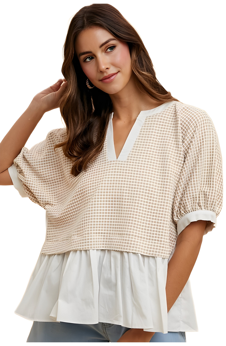 Knit and Lounge Contrast Hem Grid Blouse, Alternate, color, Beige