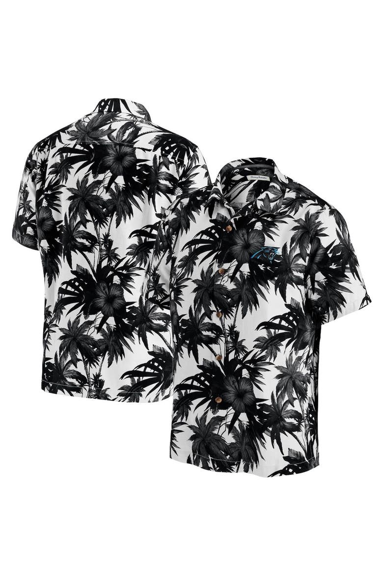 Men's Tommy Bahama Black Carolina Panthers Sport Harbor Island Hibiscus Camp Button-Down Shirt, Main, color, Black
