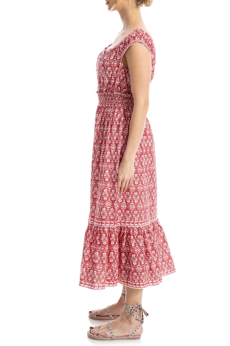 Floral Tiered Cotton Blend Midi Dress, Alternate, color, RED/ WHITE