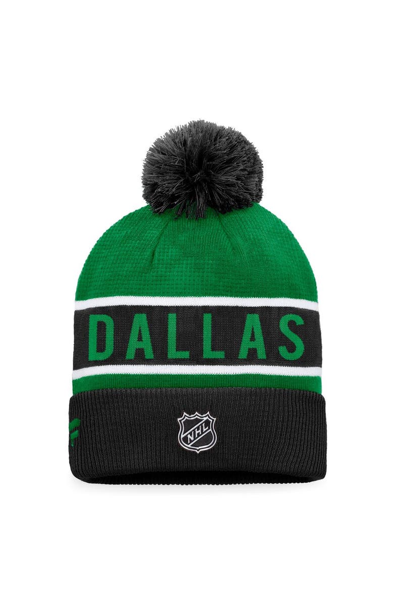FANATICS Men's Fanatics Branded Black/Kelly Green Dallas Stars Authentic Pro Rink Cuffed Knit Hat with Pom, Alternate, color,