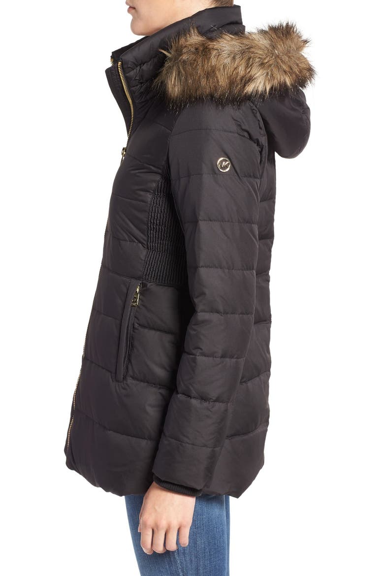 Hooded Down & Feather Fill Coat with Faux Fur Trim, Alternate, color, BLACK