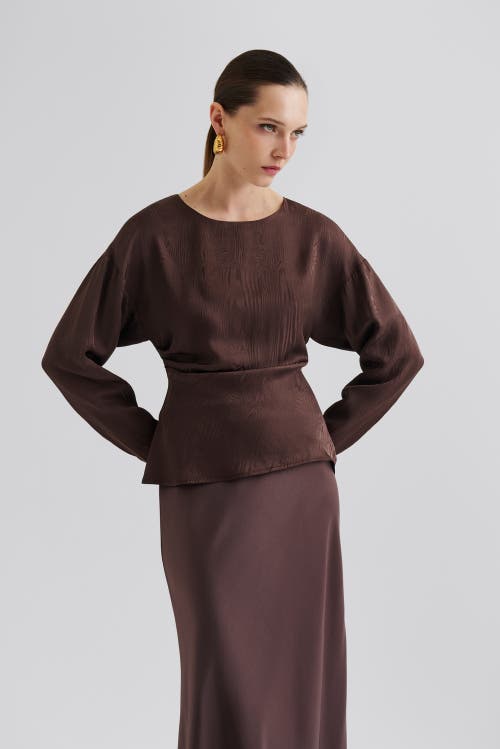 Malina Rosalie Jacquard Weave Satin Blouse In Brown