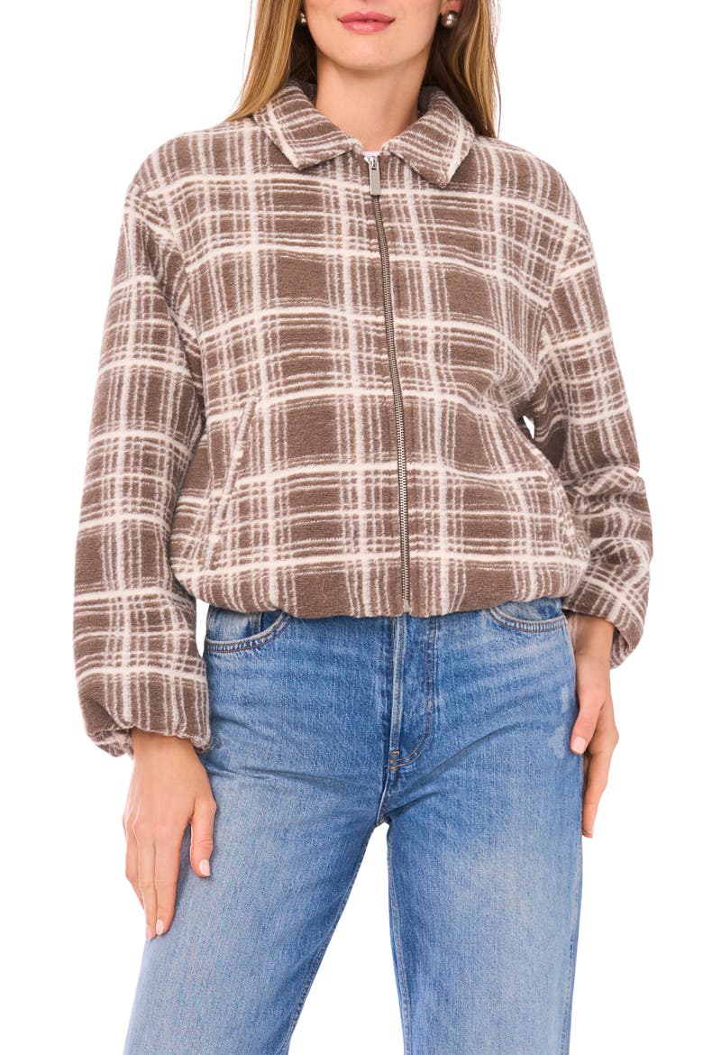 Plaid High Pile Fleece Bubble Jacket, Alternate, color, STONE KHAKI