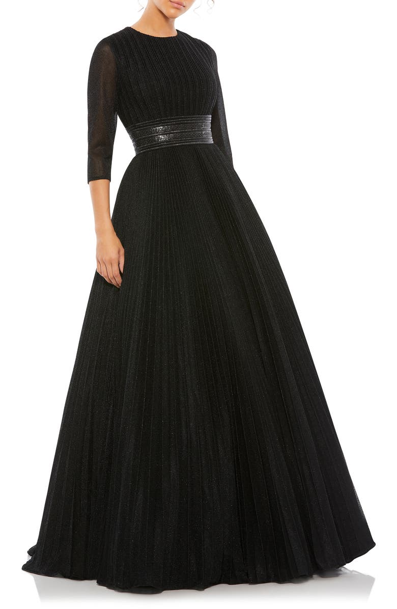 Mac Duggal Shimmering Pleated A-Line 3/4 Sleeve Gown, Main, color, Black