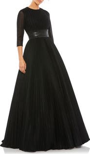 Mac Duggal Shimmering Pleated A-Line 3/4 Sleeve Gown