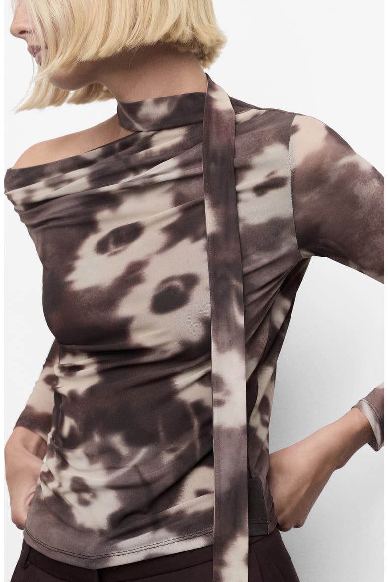 Floral One Shoulder Long Sleeve Mesh T-Shirt with Scarf, Main, color, BROWN