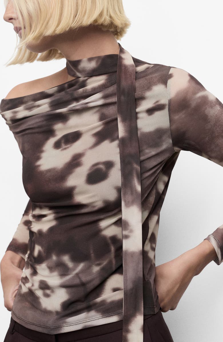 MANGO Floral One Shoulder Long Sleeve Mesh T-Shirt with Scarf, Main, color, Brown