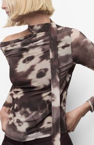 MANGO Floral One Shoulder Long Sleeve Mesh T-Shirt with Scarf
