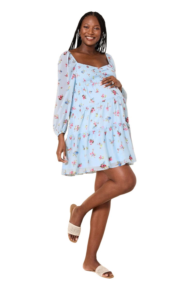MOTHERHOOD MATERNITY Long Sleeve Front Tie Tiered Maternity Mini Dress, Alternate, color, Skyway Ditsy Floral