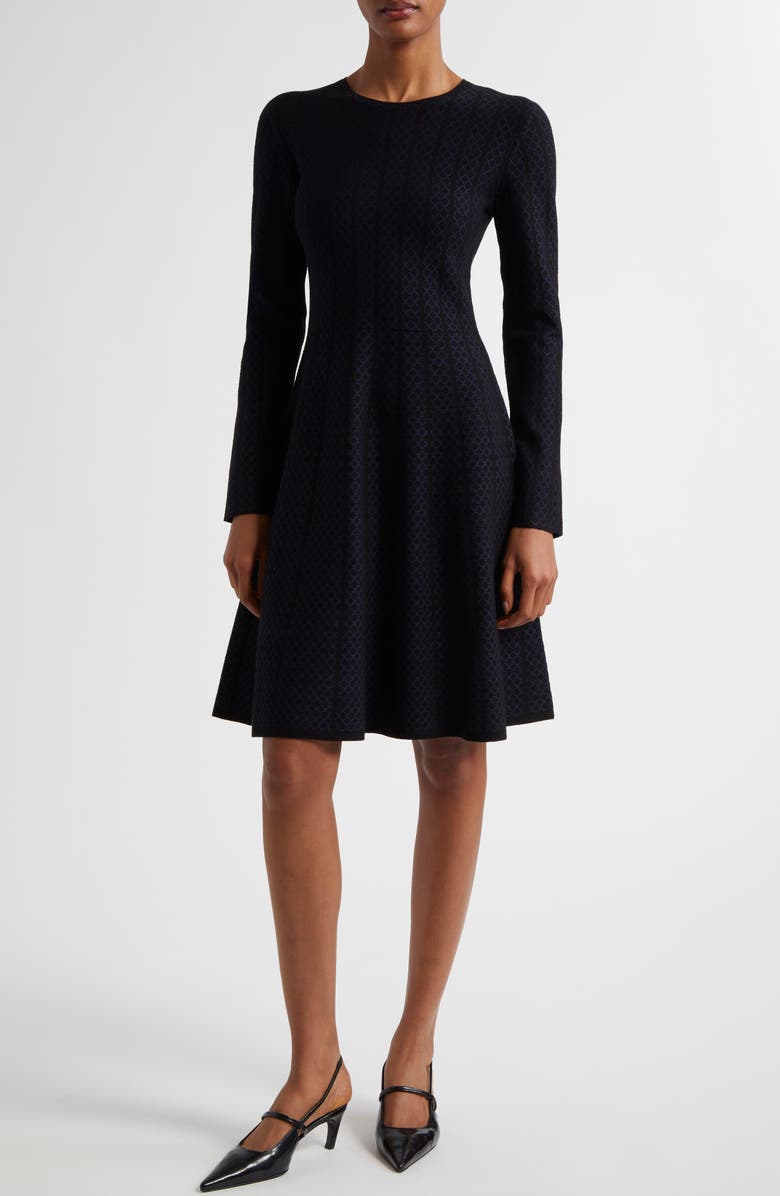 Emporio Armani Geo Jacquard Stripe Long Sleeve Fit & Flare Jersey Dress, Main, color, Solid Black
