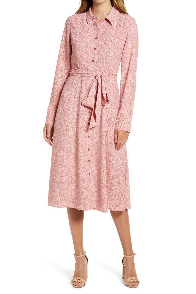 Tie Waist Long Sleeve Shirtdress, Main, color, PINK CHEETAH