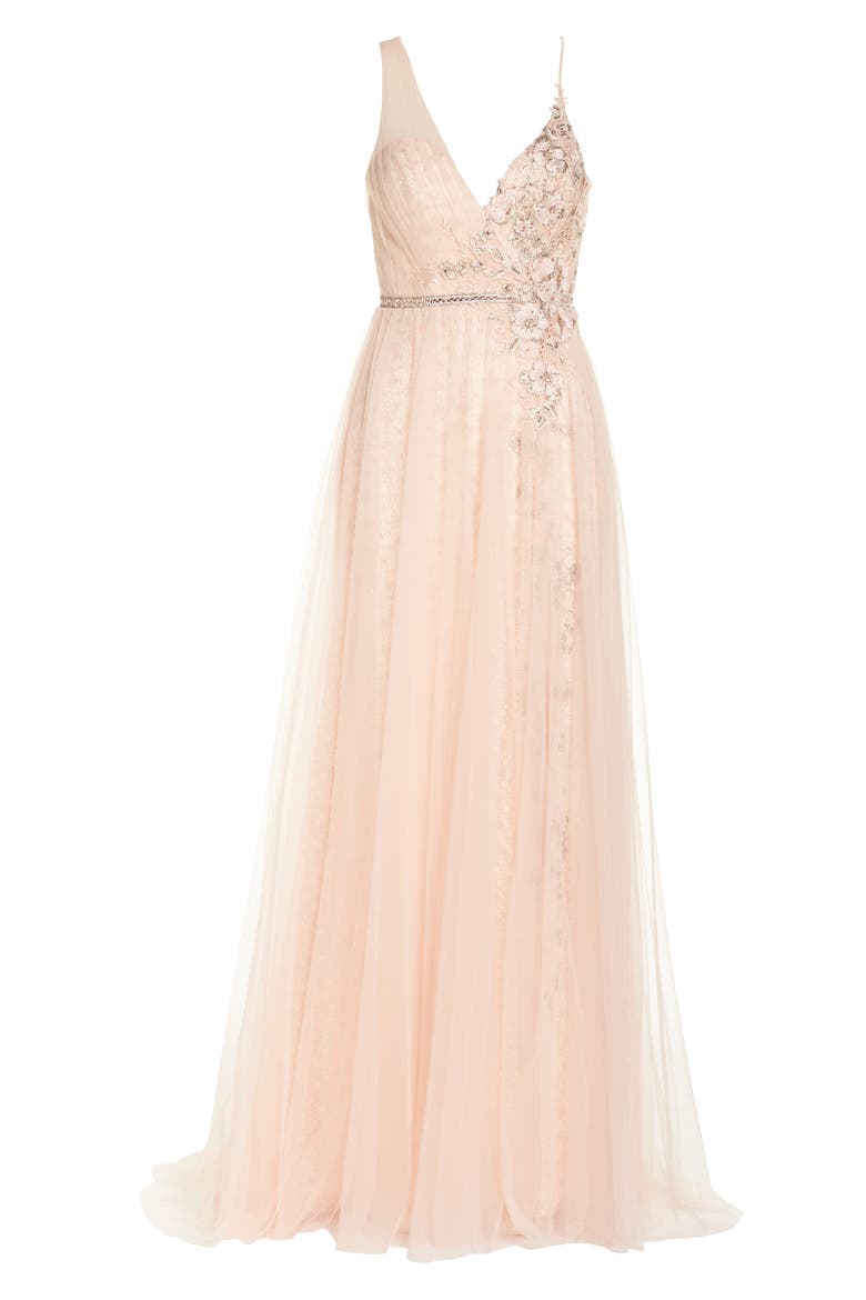 Beaded Appliqué Lace Prom Dress, Alternate, color, BLUSH