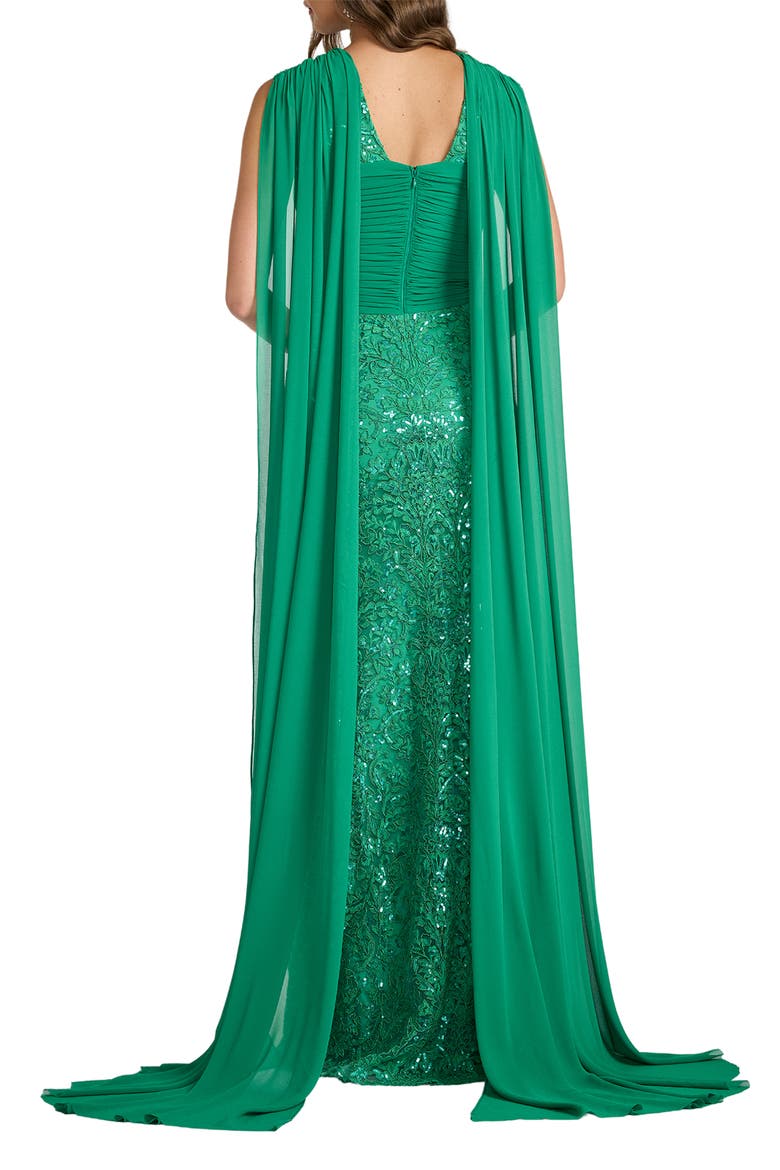 Sequin Lace Cape Halter Gown, Alternate, color, ANCIENT JADE