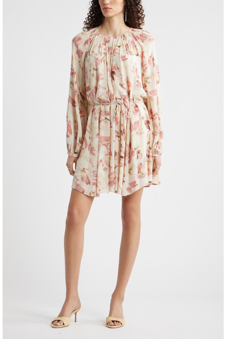 Floral Print Long Sleeve Minidress, Main, color, IVORY-PINK CANVAS BLOOM