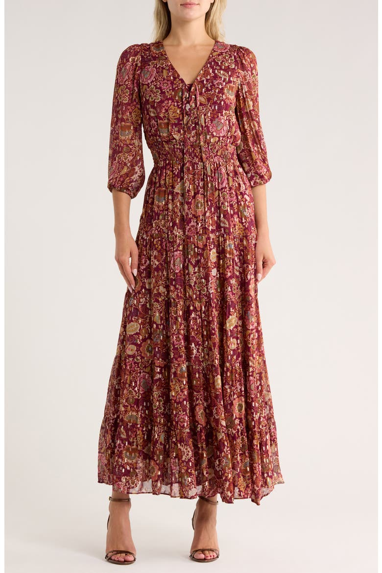 Lace-Up Front Long Sleeve Maxi Dress, Main, color, ZINFANDEL