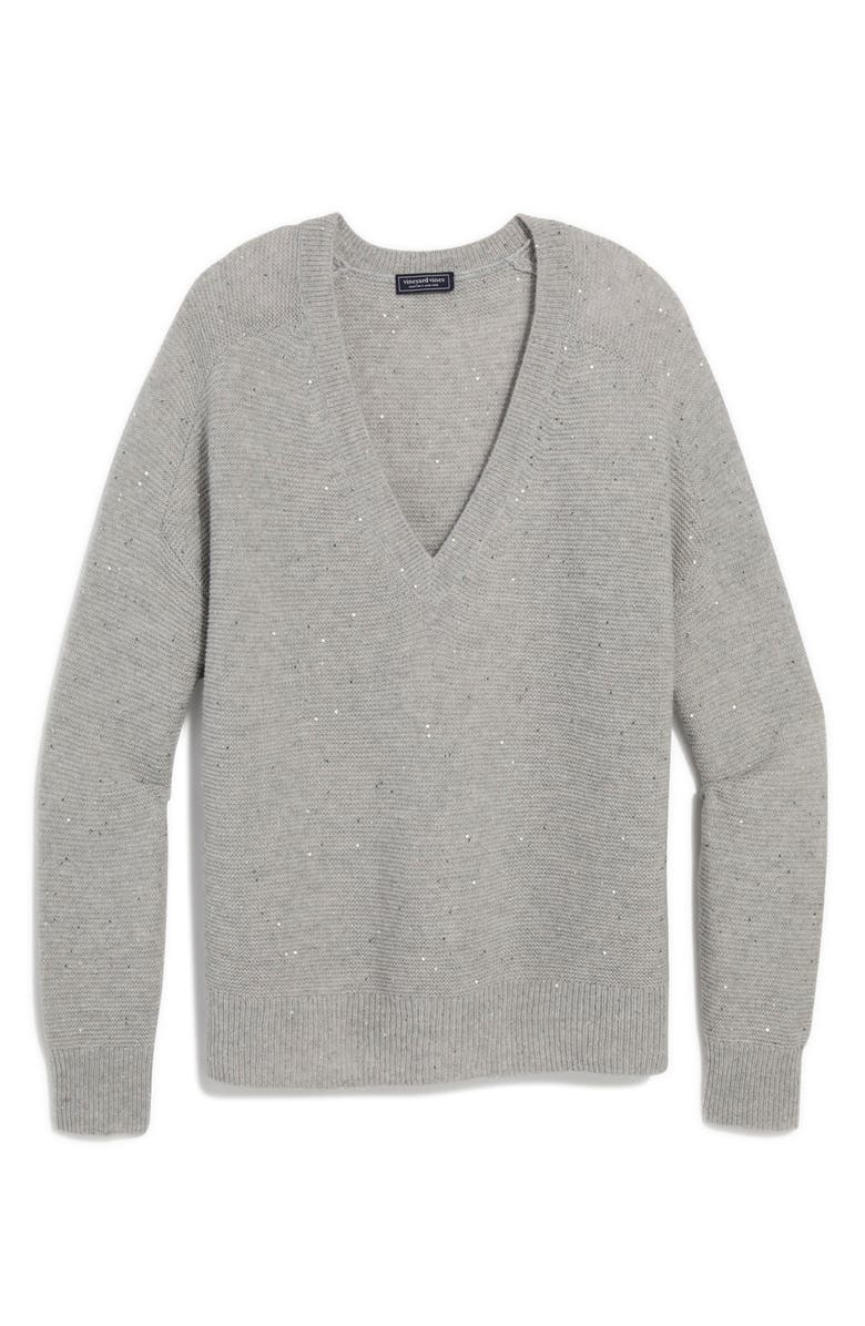 vineyard vines Sequin Accent Wool & Cashmere V-Neck Sweater, Alternate, color, Light Gray Heather