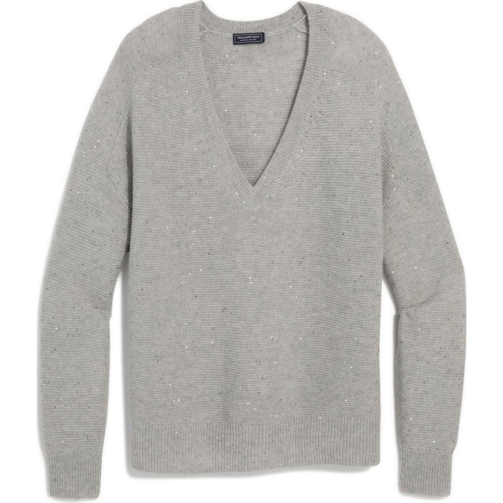 Vineyard Vines Sequin Accent Wool & Cashmere V-neck Sweater In Gray