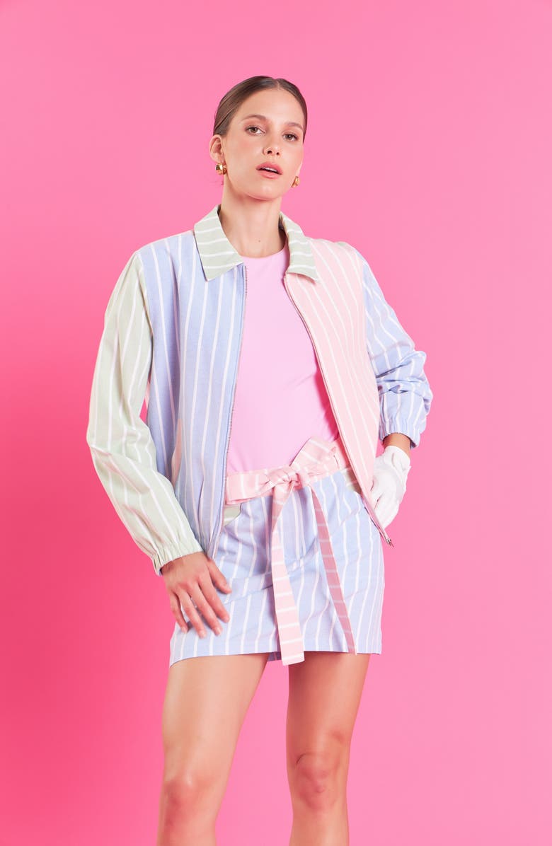 English Factory Sports Club Colorblock Stripe Cotton Blend Zip Jacket, Alternate, color, Green Multi