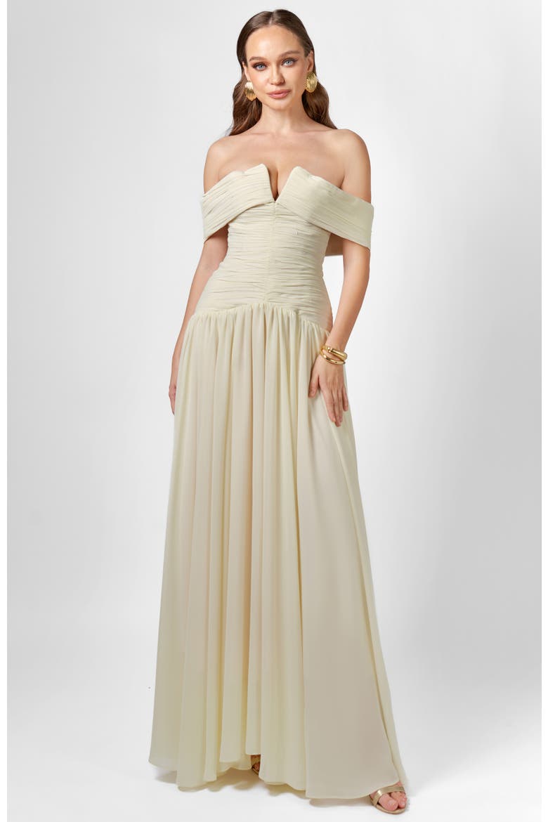 Keecia Off Shoulder Chiffon Gown, Alternate, color, CREAM