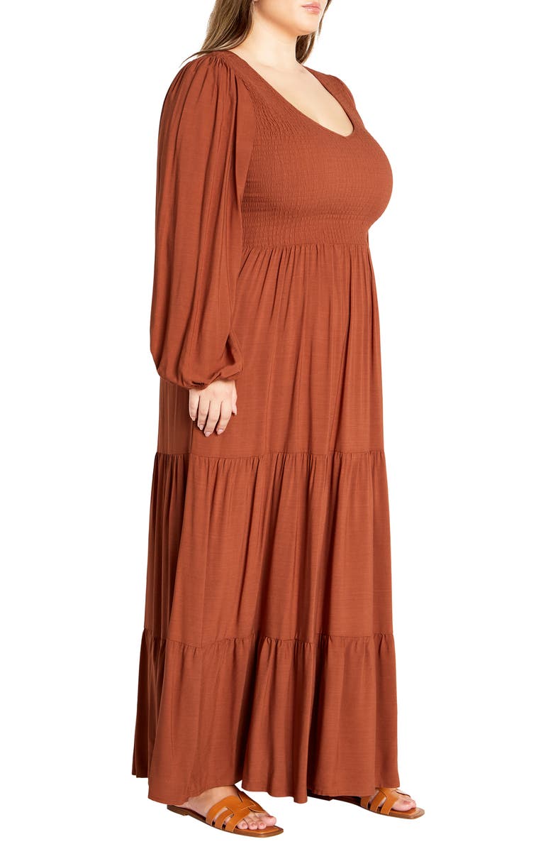 City Chic Jayden Smocked Bodice Long Sleeve Maxi Dress, Alternate, color, Masala