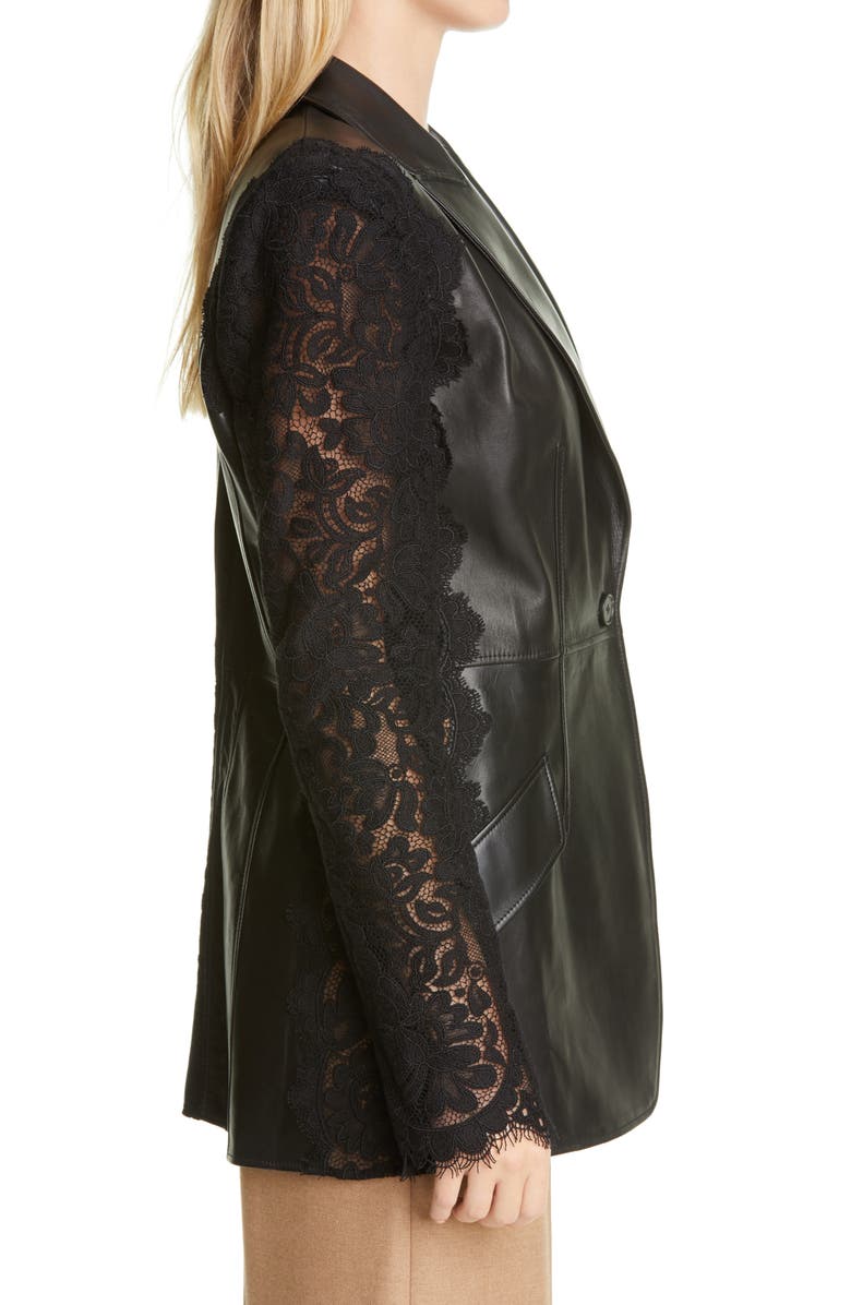 McQueen Alexander McQueen Lace Sleeve Leather Blazer, Alternate, color,