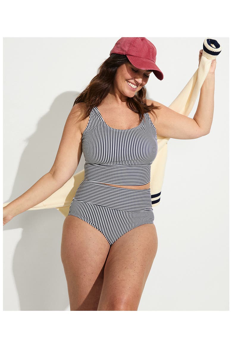 Tugless Tankini Top and High Waisted Bottom Swimsuit Set, Alternate, color, Deep Sea Navy Mini Stripe