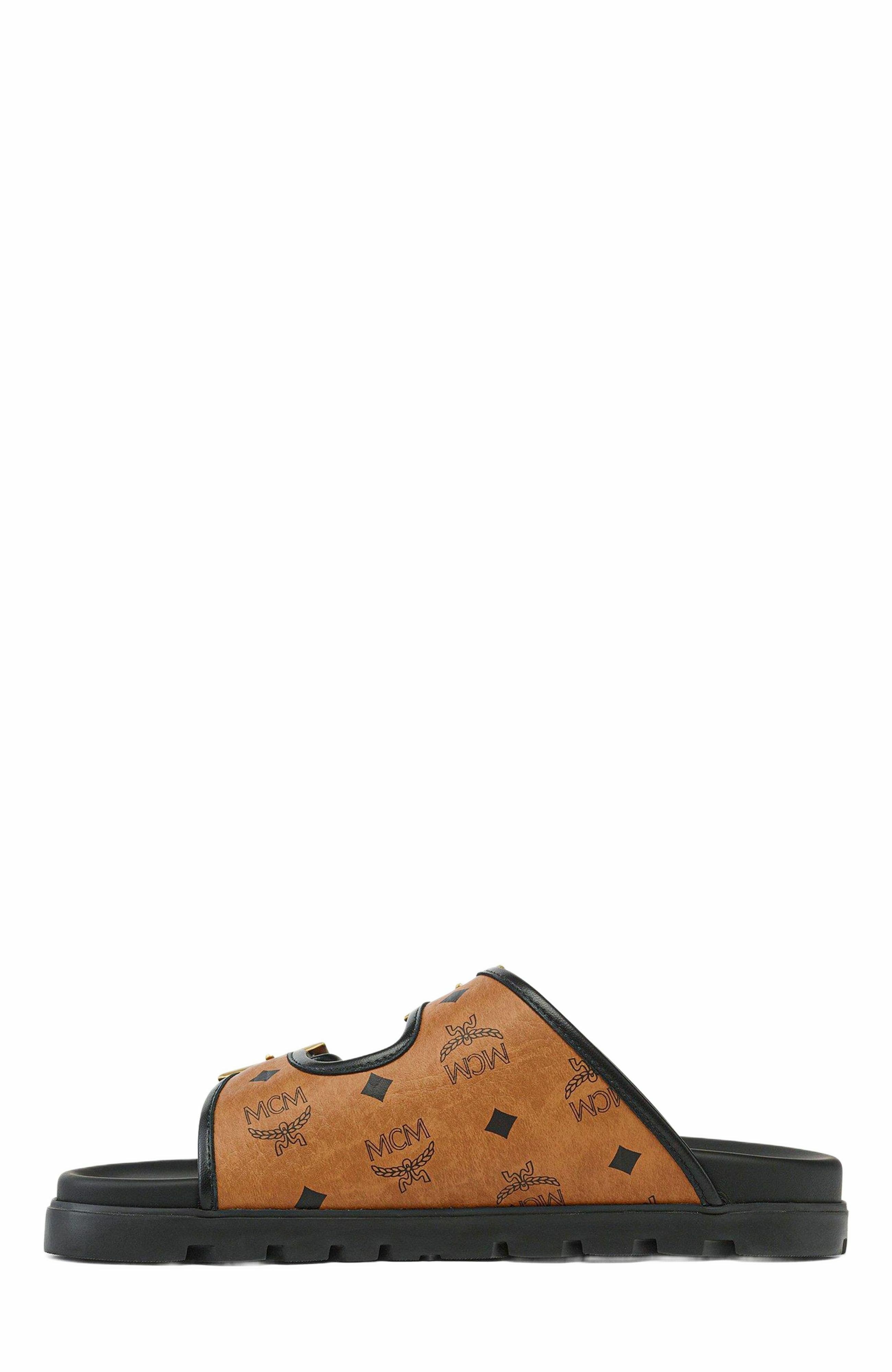 MCM Sandals in Visetos, Alternate, color, Cognac