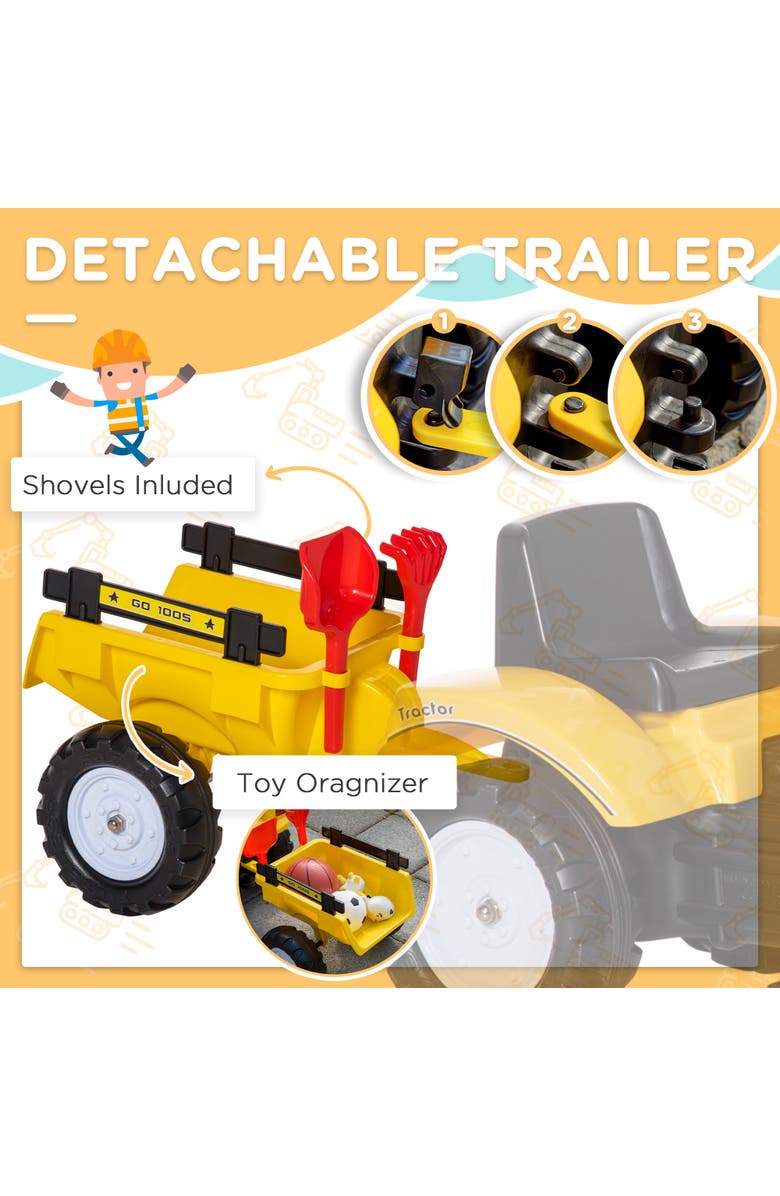 Aosom Kid's Pedal Digger Construction Car with Horn, Detachable Trailer, Alternate, color, Yellow