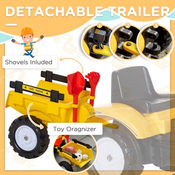 Kid's Pedal Digger Construction Car with Horn, Detachable Trailer
