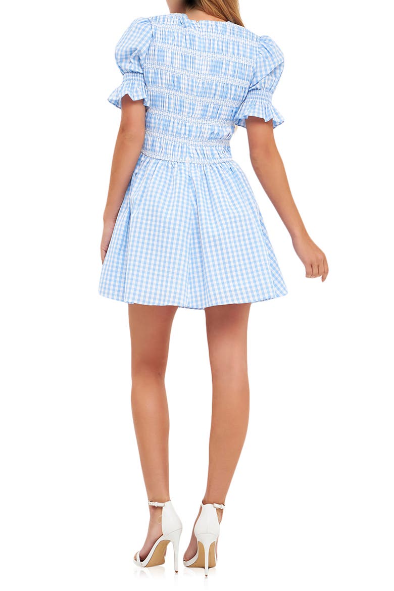 Smocked Gingham Print Cotton Minidress, Alternate, color, OCEAN BLUE