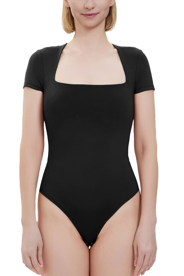 Women's Square Neck Short Sleeve Bodysuit, Main, color, Black