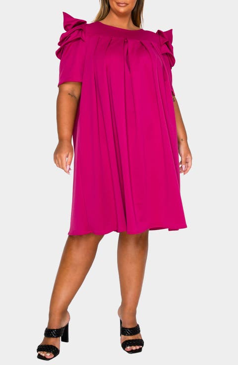 Zaya Puff Sleeve Pleated Shift Dress (Plus)