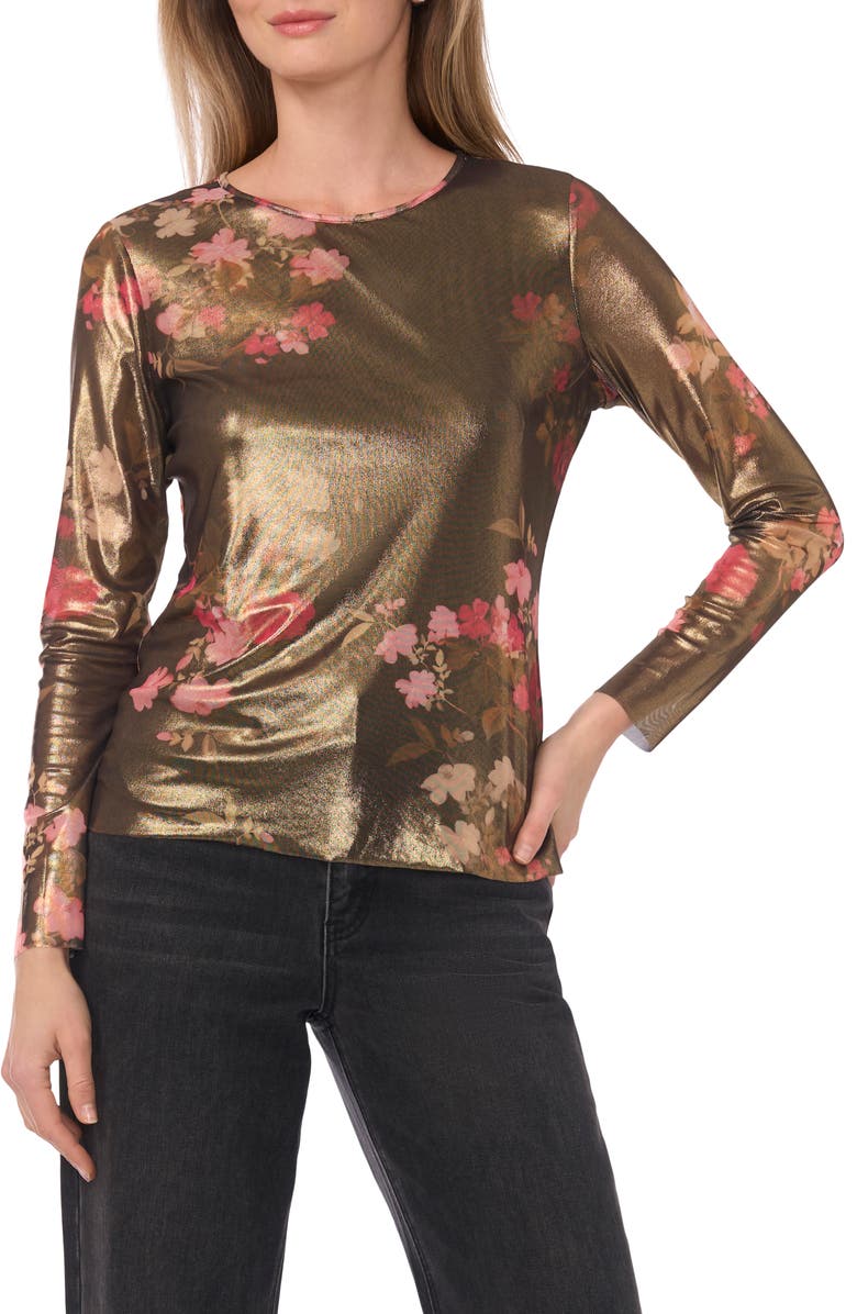 Ted Baker Metallic Floral Long Sleeve Mesh Top, Main, color, Rich Black/ Gold