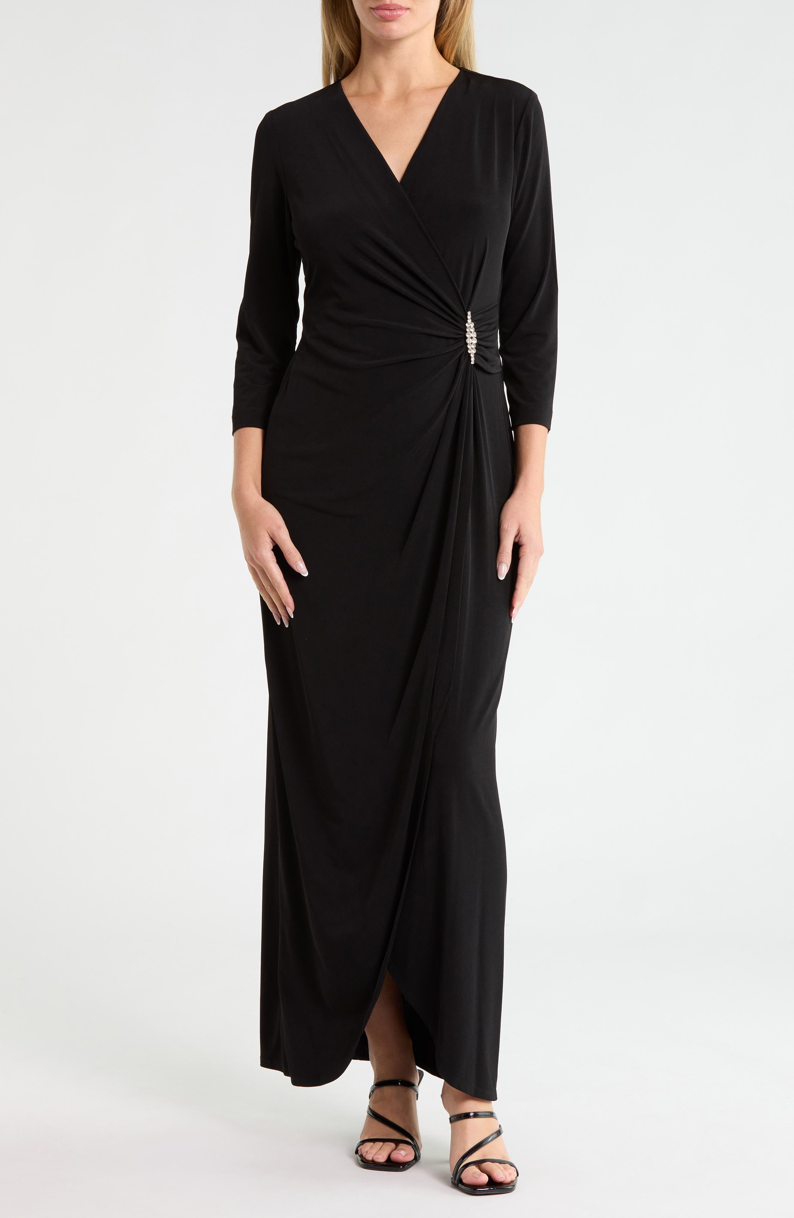 Crystal Brooch Faux Wrap Maxi Dress