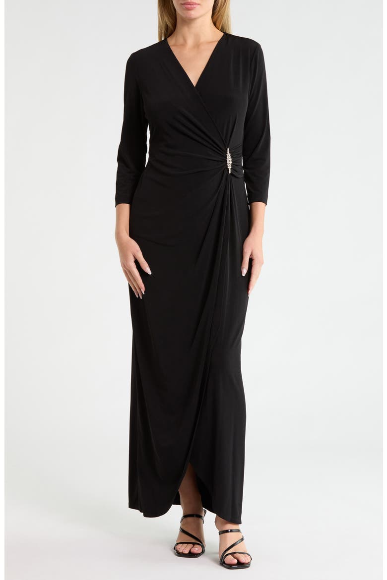 Crystal Brooch Faux Wrap Maxi Dress, Main, color, BLACK