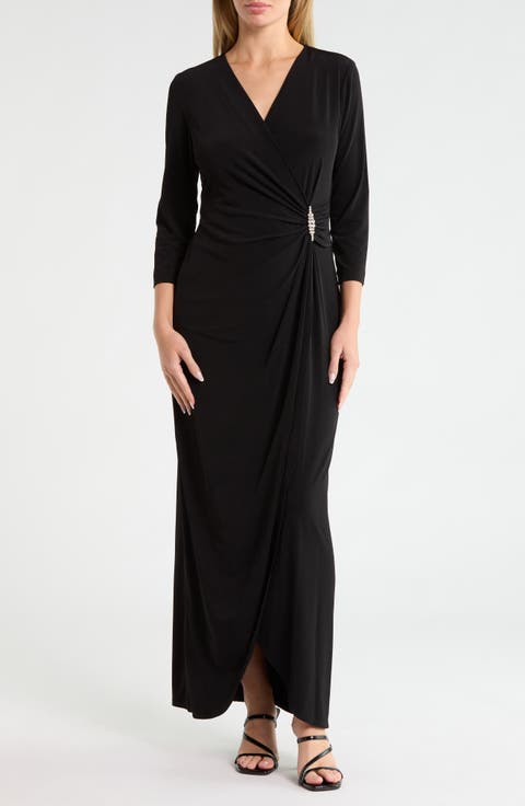 Crystal Brooch Faux Wrap Maxi Dress