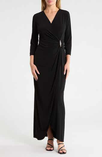 Crystal Brooch Faux Wrap Maxi Dress