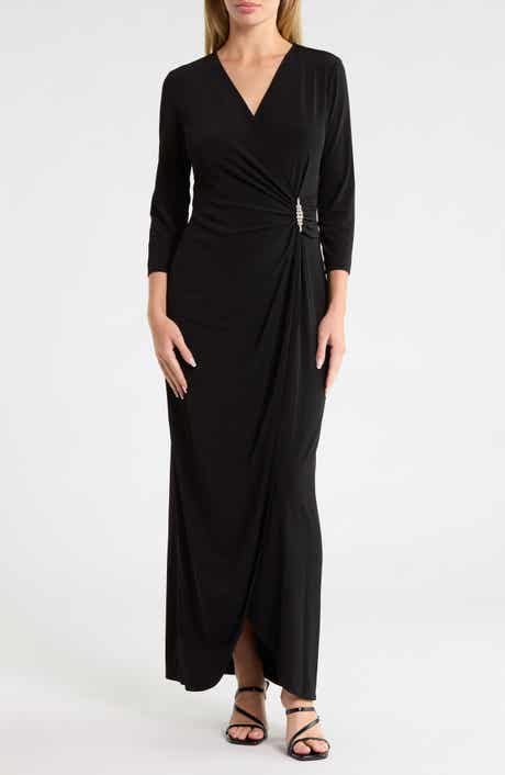 Crystal Brooch Faux Wrap Maxi Dress
