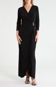 Connected Apparel Crystal Brooch Faux Wrap Maxi Dress
