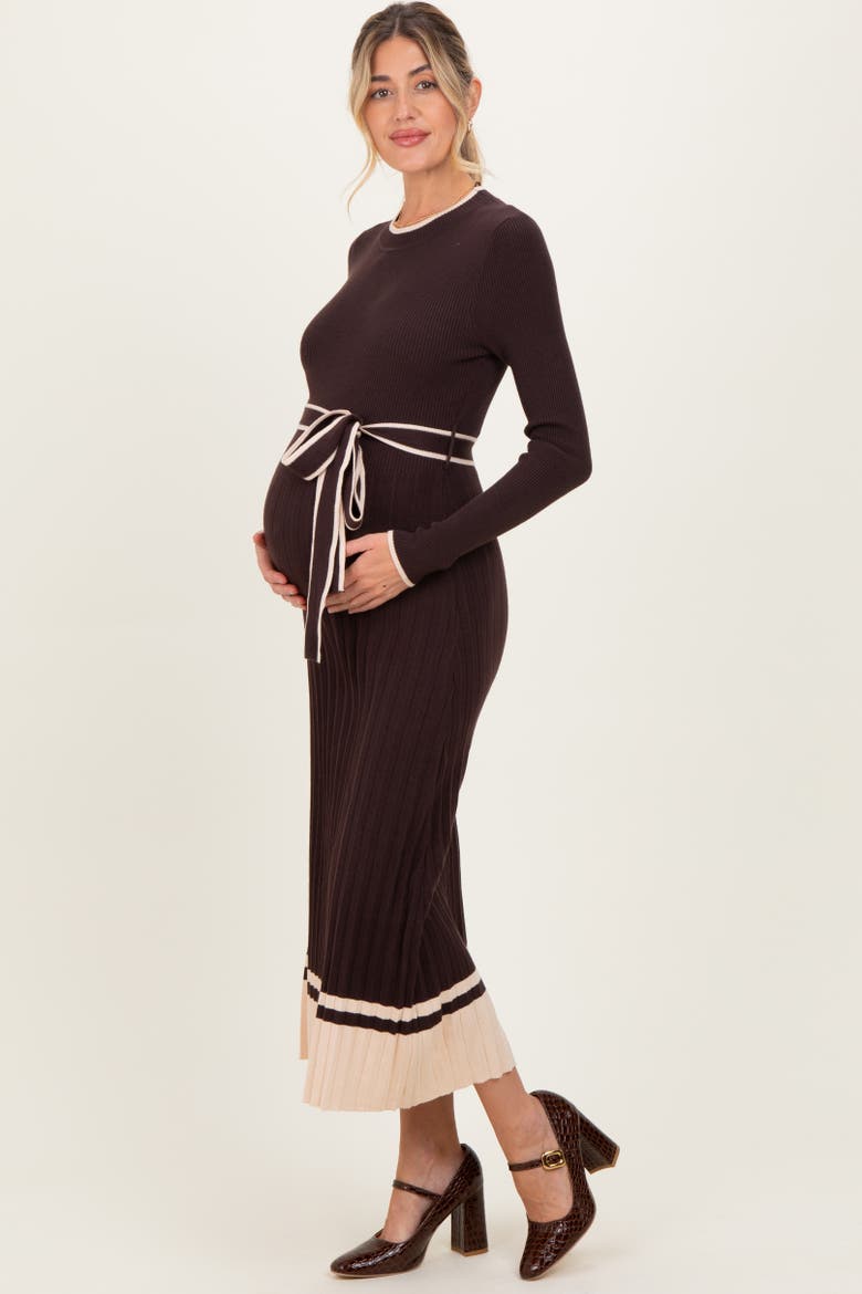 Ribbed Midi Sweater Dress With Belt, Alternate, color, Brown