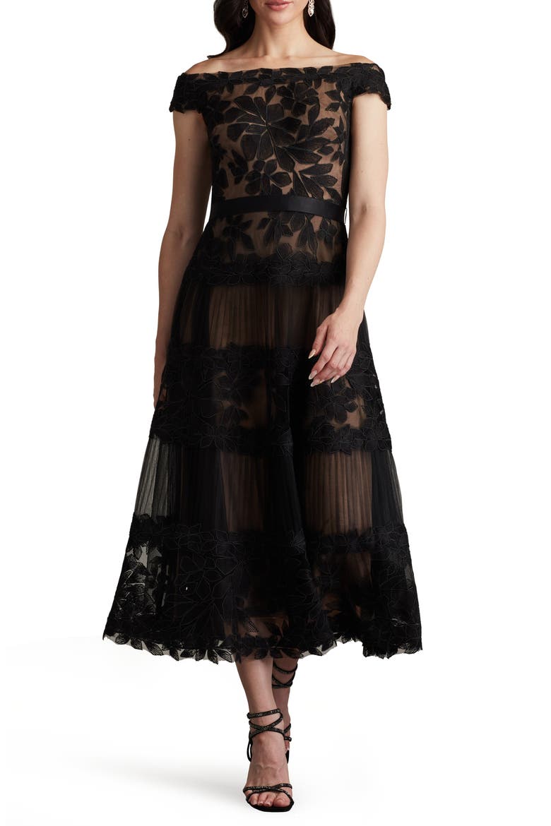 Embroidered Off the Shoulder Midi Dress, Main, color, BLACK/NUDE